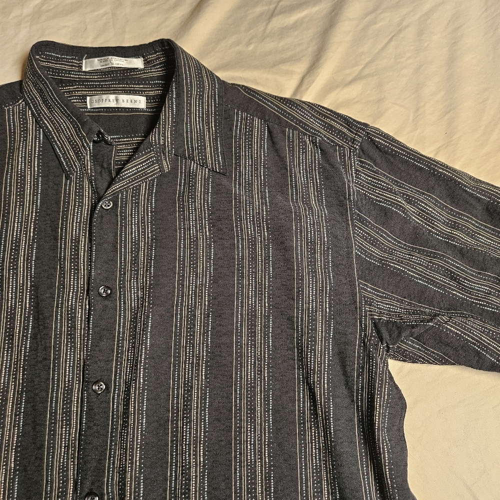 Geoffrey Beene‎ Men's Size L Washable Silk Blend Shirt Black White Striped Short